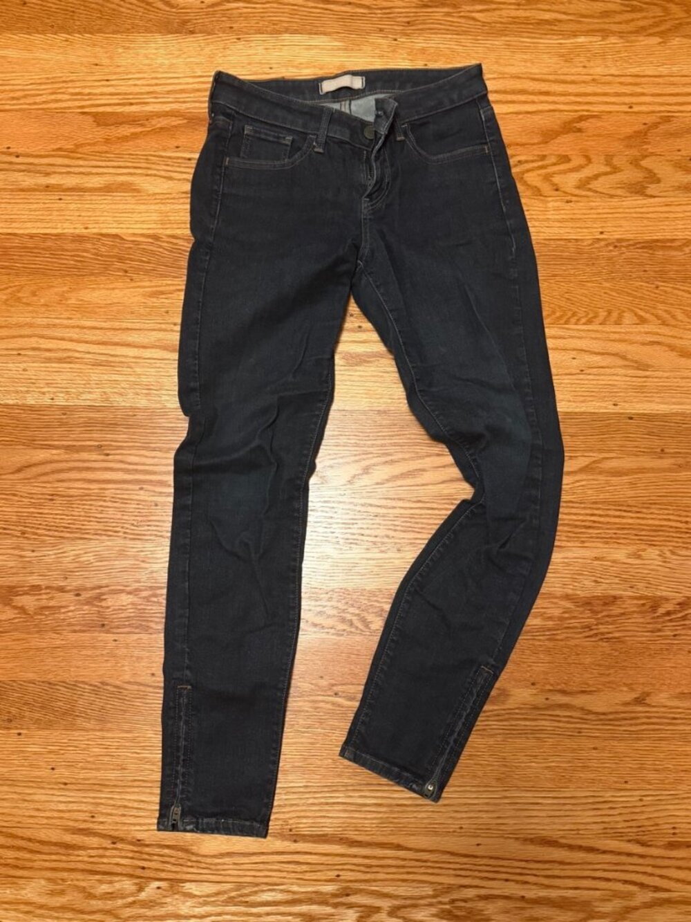 Uniqlo Skinny Jeans Dark Navy Ankle Zipper Tapered Mid Rise Size 25